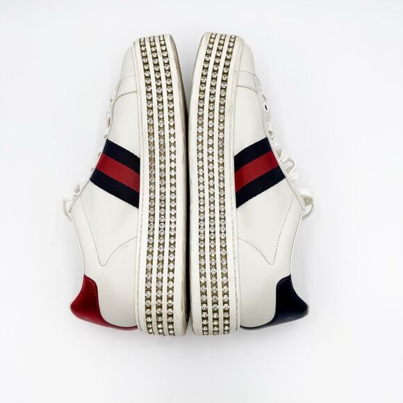 Gucci Ace Web Stripe Crystal Platform White Leather Bee Sneakers Size 37.5, 7.5 - Picture 14 of 15